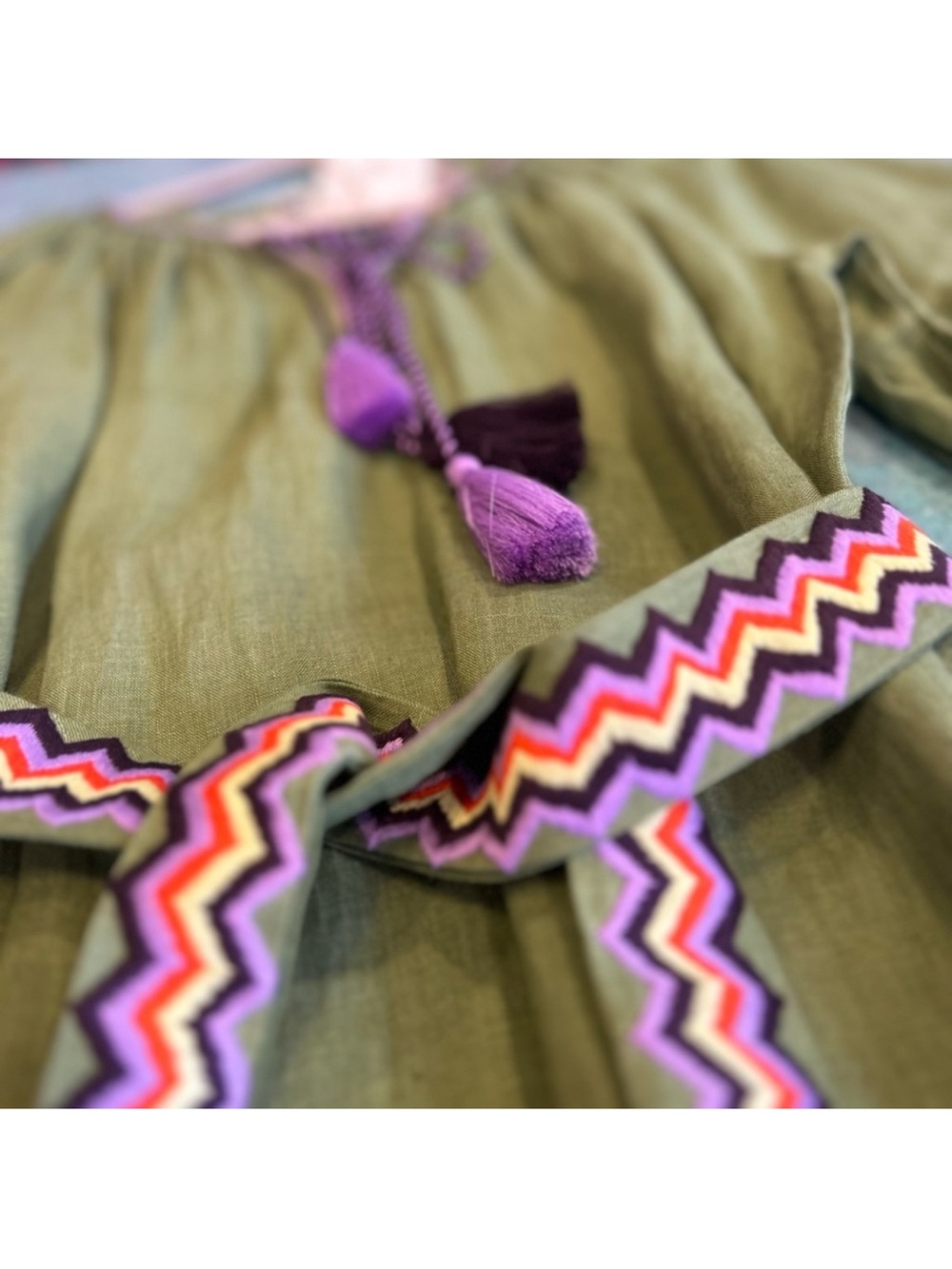 Boho Olive Green Embroidered Maxi Dress with Zigzag Belt - Picture 8 of 9